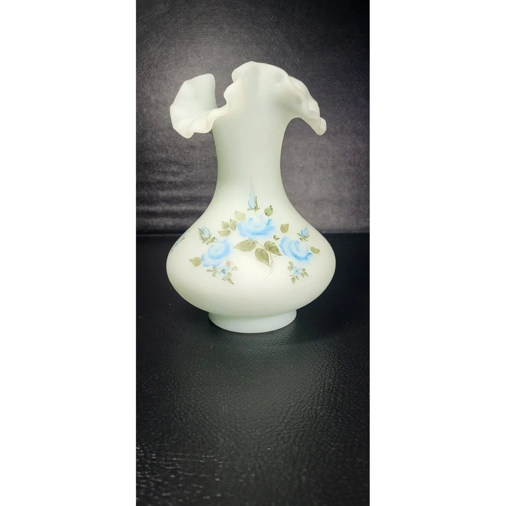 Fenton Hand Painted Signed Fenton Glass Blue Rose On Blue Satin Ruffle Vase